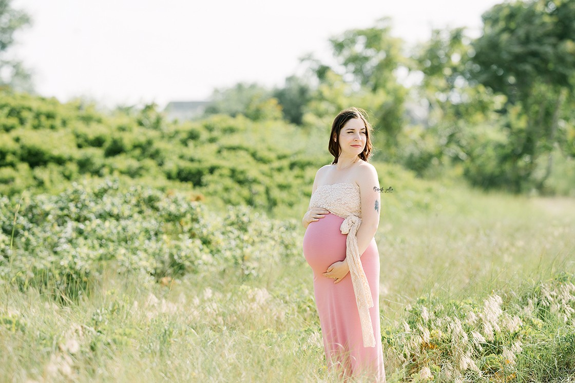 In Studio + Outdoor Maternity Photography and Photo Session Warwick, RI, Conimicut Village, Conimicut Point - mother to be standing outside in field