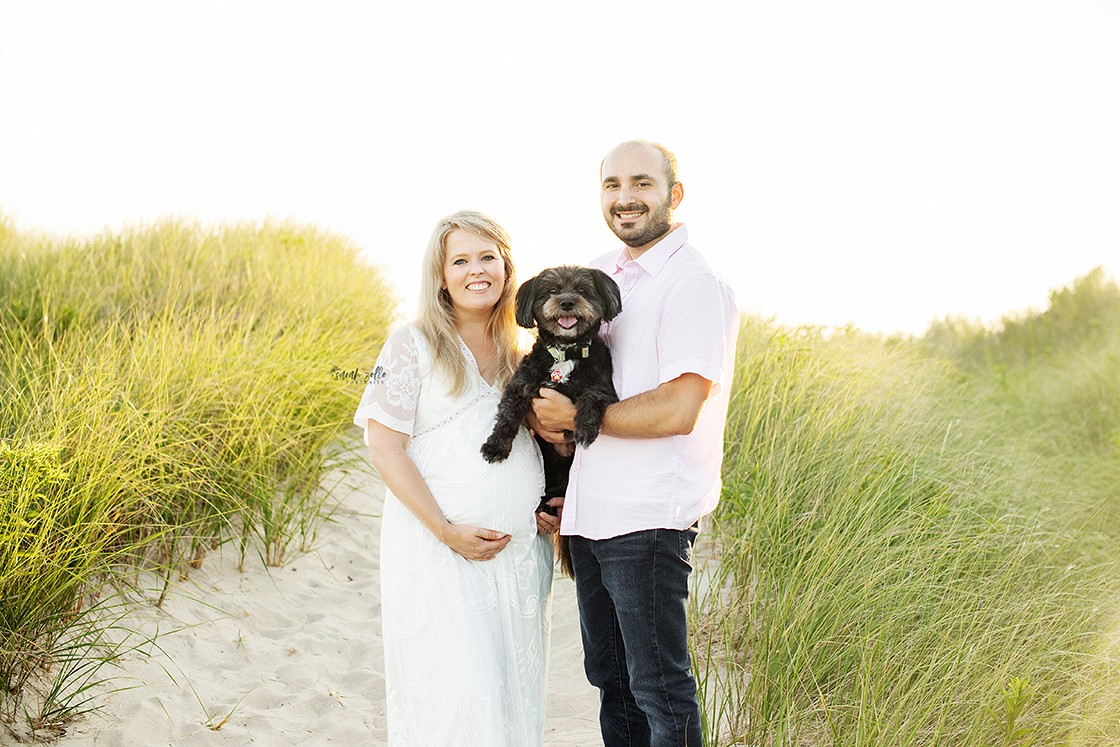 Maternity Photography and Beach Photo Session | Watch Hill, Napatree Point, Westerly, RI - Husband and wife with dog
