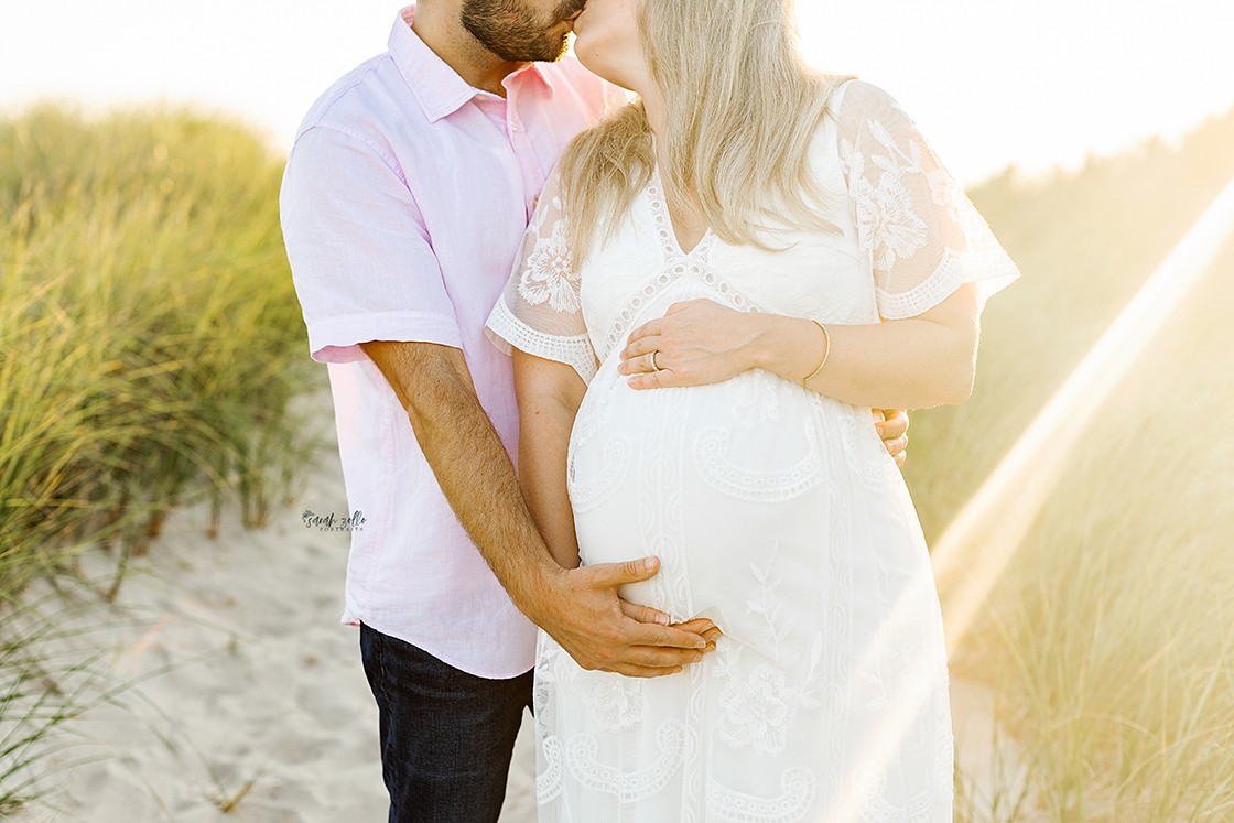 Maternity Photography and Beach Photo Session | Watch Hill, Napatree Point, Westerly, RI - Husband and wife holding belly