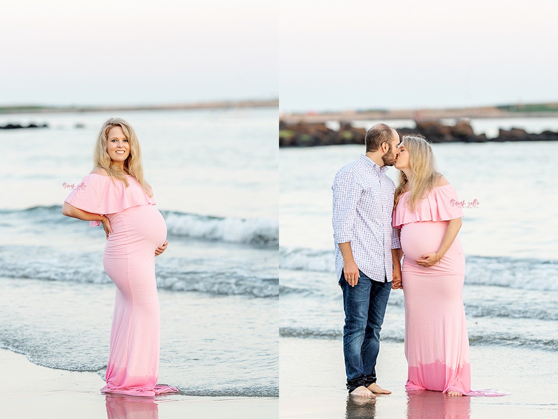 Maternity Photography and Beach Photo Session | Watch Hill, Napatree Point, Westerly, RI - Husband and wife on water's edge getting feet wet