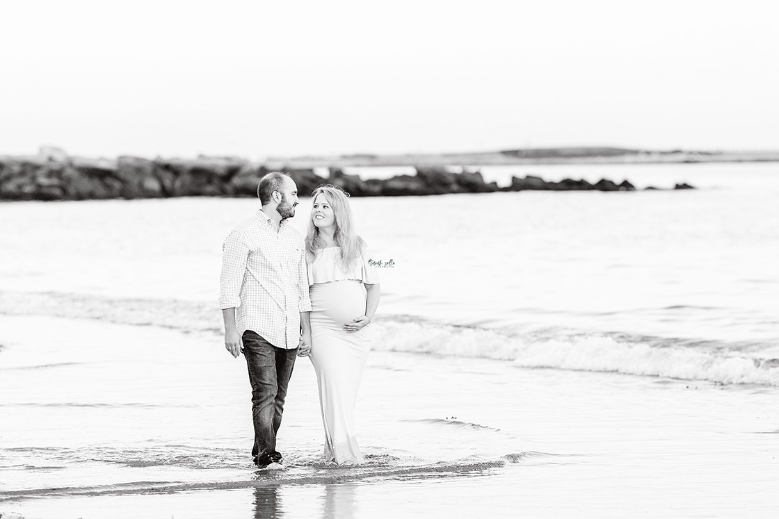 Maternity Photography and Beach Photo Session | Watch Hill, Napatree Point, Westerly, RI - Husband and wife walking black in white