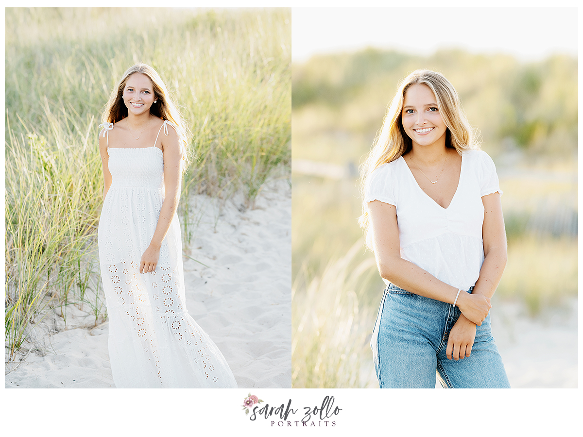 high school senior portraits Rhode Island Connecticut girl in jeans and white shirt at beach