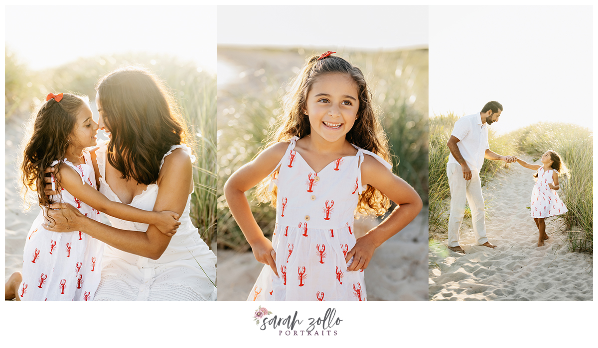 family of three on the beach in watch hill Rhode Island for a family photo session during golden hour
