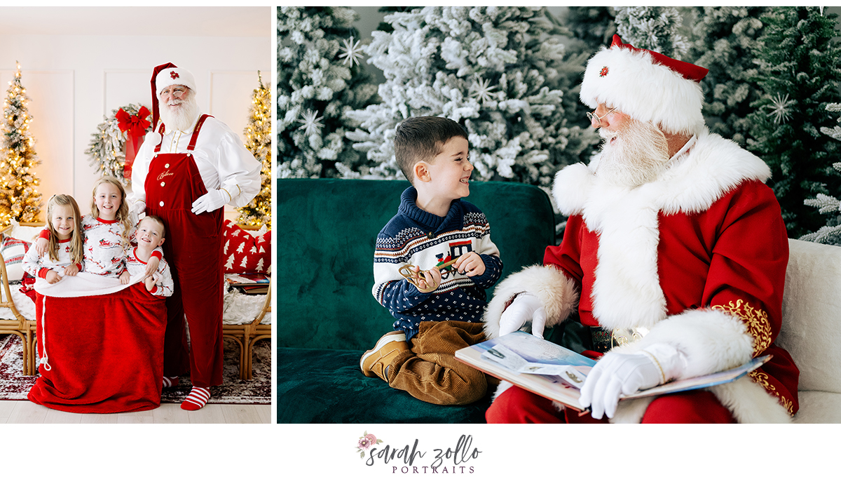 little boy reading a book with santa kids in Santa's toy bag