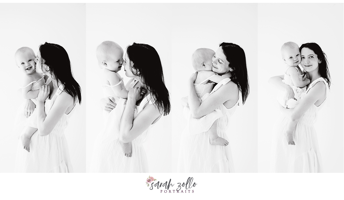 mother and baby maternity portrait black and white studio photography white maternity dress