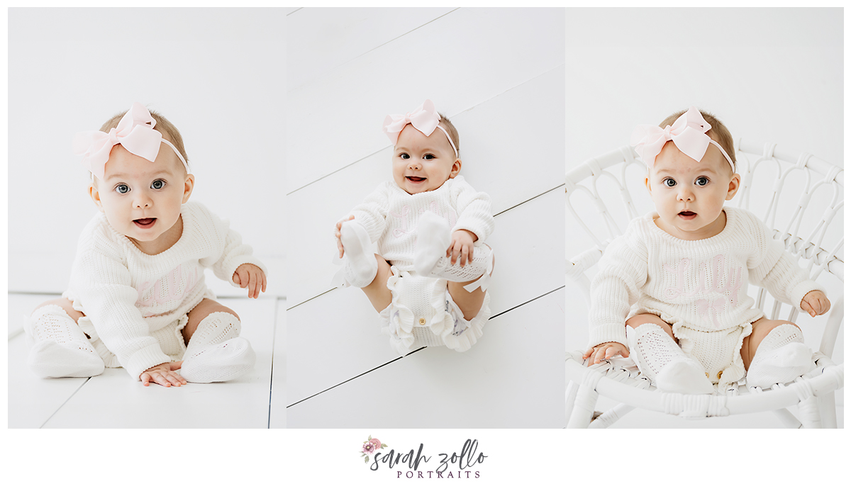 baby girl dressed in white on white background personality portrait photography mini session 
