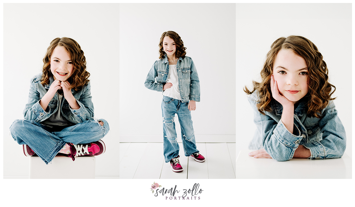 New England child model portfolio girl in denim jacket on white backdrop