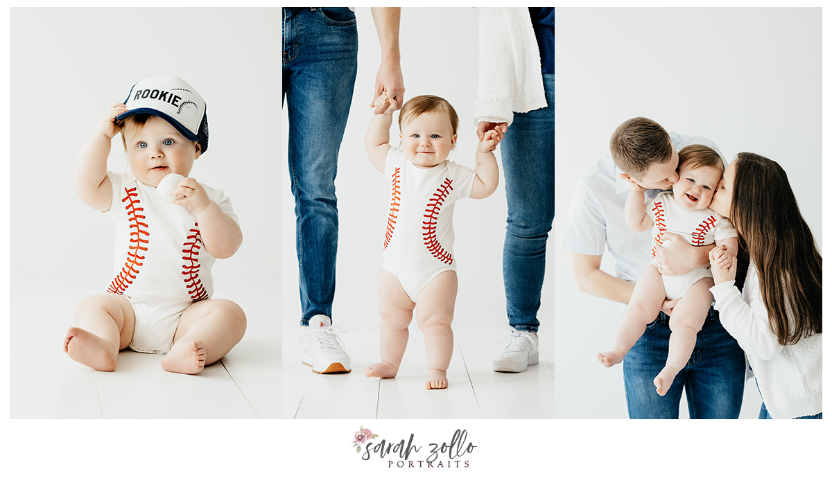 baby boy with mom and dad baseball theme rookie of the year photo shoot baseball onesie first birthday family portrait