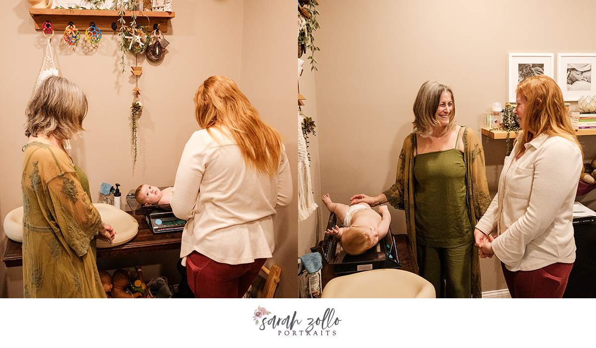 lactation consultant and new mom weighing baby on a scale